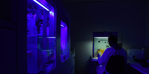 Am instrument,known as COBAS,processing coronavirus samples lights up a virology laboratory as a technical officer carries out general testing. 