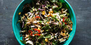 Thai wild rice salad with coconut chicken and caramelised peanuts.