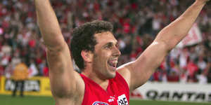 Swan Nick Davis celebrates victory over Geelong.