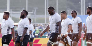 At a loss:Fiji shellshocked after losing to Uruguay in Kamaishi on Wednesday. 