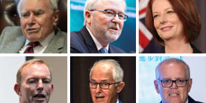 Former prime ministers Top:John Howard,Kevin Rudd,Julia Gillard. Bottom:Tony Abbott,Malcolm Turnbull,Scott Morrison.