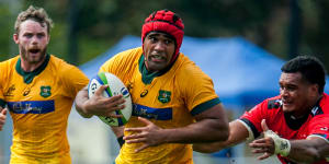 LAUTOKA,FIJI - JULY 16:Langi Gleeson of Australia A With the ball during the World Rugby Pacific Nations 2022 match between Australia A and Tonga at Churchill Park on July 16,2022 in Lautoka,Fiji. (Photo by Pita Simpson/Getty Images) LAUTOKA,FIJI - JULY 16:Langi Gleeson of Australia A With the ball during the World Rugby Pacific Nations 2022 match between Australia A and Tonga at Churchill Park on July 16,2022 in Lautoka,Fiji. (Photo by Pita Simpson/Getty Images)
