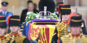 The Imperial State Crown rests on the coffin of Queen Elizabeth II.