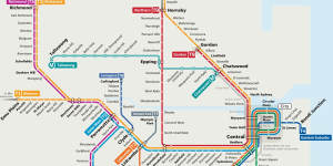 The redesigned map for Sydney's rail map includes the North West Metro (in aqua) and changes to the Northern Line (in red and renamed the T9).