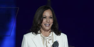 US Vice President-elect Kamala Harris speaks while delivering an address to the nation in Wilmington,Delaware.
