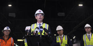 NSW Premier Dominic Perrottet addresses the media in the M4-M5 Link tunnel.