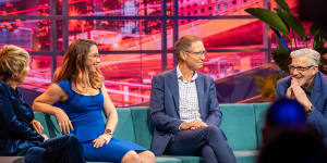 The guests on the first episode were,from left,astrophysicist Kirsten Banks,Thai cave rescuer Dr Richard Harris and comedian Shaun Micallef. 