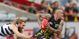 Dustin Martin was back in action for the Tigers on Saturday against Geelong.