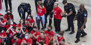 US Capitol police detain demonstrators protesting against Israel’s military policies a day before a visit by Israeli Prime Minister Benjamin Netanyahu,who will address a joint meeting of Congress on Wednesday.