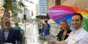 Greens Senator Larissa Waters with Brisbane candidate Stephen Bates during pre-poll voting at Brisbane City Hall last week.
