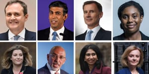 Eight candidates seeking to replace Boris Johnson as PM. From left to right:Tom Tugendhat,Rishi Sunak,Jeremy Hunt,Kemi Badenoch,(bottom row,from left) Penny Mordaunt,Nadhim Zahawi,Suella Braverman,and Liz Truss.