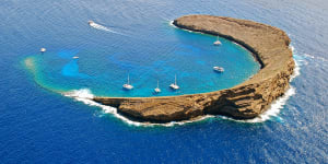 An aerial view of Molokini Island. 