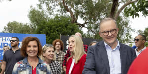 The Prime Minister Anthony Albanese and Labor candidate for Dunkley Jodie Belyea at Derinya Primary School in Frankston South.