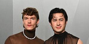 Connor Storrie and Hudson Williams arrive at the Vanity Fair Oscar Party.