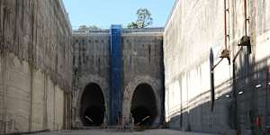 Twin tunnels at the eastern end of the giant hole dug for the Burwood North metro station. 