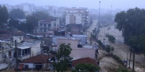 Floodwaters cover the town of Volos,Greece,on Tuesday.