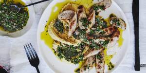 Danielle Alvarez’s grilled sausages with chickpea mash and chimichurri.
