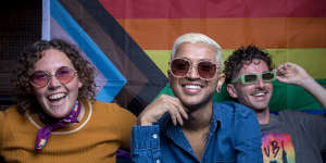  Activist Dom Thattil and Adrian Murdoch from LGBTQIA+ organisation Minus 18 wearing sunglasses from Quay’s Pride collection.