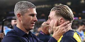 Nick Montgomery and Jason Cummings after the 2023 grand final.