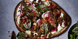 Spicy lamb naan pizza with mango pickle.