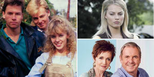 Stars of Neighbours:Guy Pearce,Jason Donovan,Kylie Minogue,Margot Robbie,Alan Fletcher and Jackie Woodburne.