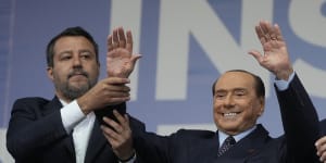 From left,The League’s Matteo Salvini and Forza Italia’s Silvio Berlusconi,attend the centre-right coalition rally in Rome,before the vote.