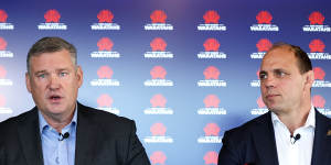NSW Rugby chief executive Paul Doorn and Rugby Australia boss Phil Waugh at the announcement of RA taking over the Waratahs.