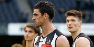 Scott Pendlebury looks on after the Magpies’ close loss to the Dockers at Marvel Stadium.