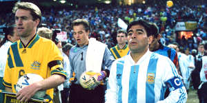 Paul Wade and Diego Maradona walk onto the Sydney Football Stadium in the first leg of a World Cup qualifying tie in 1993.