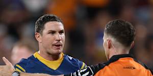 Mitchell Moses remonstrates with referee Peter Gough on Monday.