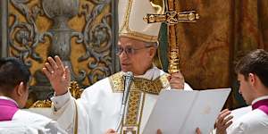 Pope Leo XIV concelebrates Mass with the College of Cardinals inside the Sistine Chapel. 