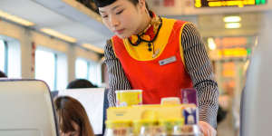 Drinks and snacks service on the high-speed train. 