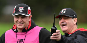 Ross Lyon with his former player Brendon Goddard,now St Kilda’s assistant coach.