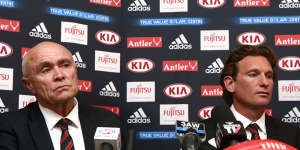 Essendon coach James Hird (right) and CEO Paul Little face the media in March 2015.