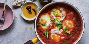 Italian-style shakshuka:Uova alla contadina (eggs poached in tomato sugo).