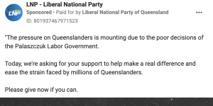 One of the Queensland LNP’s “Pressure Relief fund” ads running on Facebook.