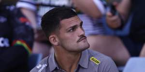 Nathan Cleary looks on from the stands at PointsBet Stadium on Saturday night.