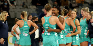 Mwai Kumwenda and Emily Mannix celebrate after Melbourne’s win.