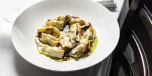 Agnolotti filled with Moreton Bay bug meat and served with a lobster bisque and butter sauce at Little Black Pig&Sons.