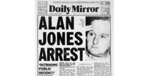 The Daily Mirror front page after Jones was arrested in an underground public toilet in London.