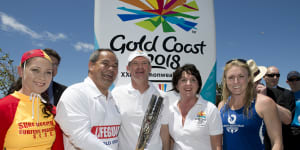 Then-premier Campbell Newman with Gold Coast mayor Tom Tate and then-Games Minister Jann Stuckey during the 2013 Queen's Baton relay.