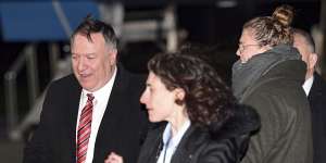 Not happy:US Secretary of State Mike Pompeo,left,after his plane arrived in London.