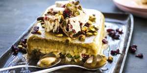 Nutty semifreddo with a central layer of nougat shards.