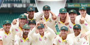 Then-skipper Steve Smith and his Australian teammates celebrate the 2018 Ashes series win at the SCG.