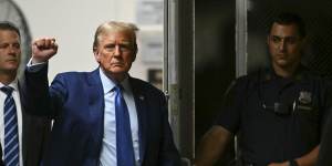 Former president Donald Trump walks to the courtroom following a break in his trial at Manhattan criminal court on May 9.