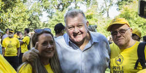 Craig Kelly at a Melbourne gathering for supporters in Fawkner Park in early April. 