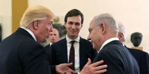 From left,then-president Donald Trump,his White House senior adviser Jared Kushner and Israeli Prime Minister Benjamin Netanyahu in Jerusalem in 2017.