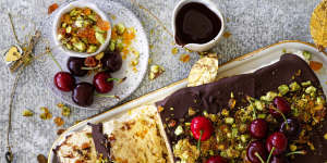 Chocolate and cherry semifreddo with pistachio praline.