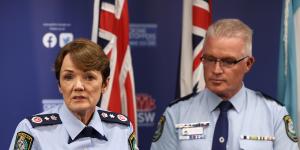 NSW Police Force Commissioner Karen Webb and Deputy Commissioner Mal Lanyon at a media conference in October 2023.