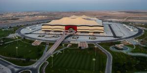 An aerial view of Al Bayt Stadium,which is designed to look like a Bedouin tent.